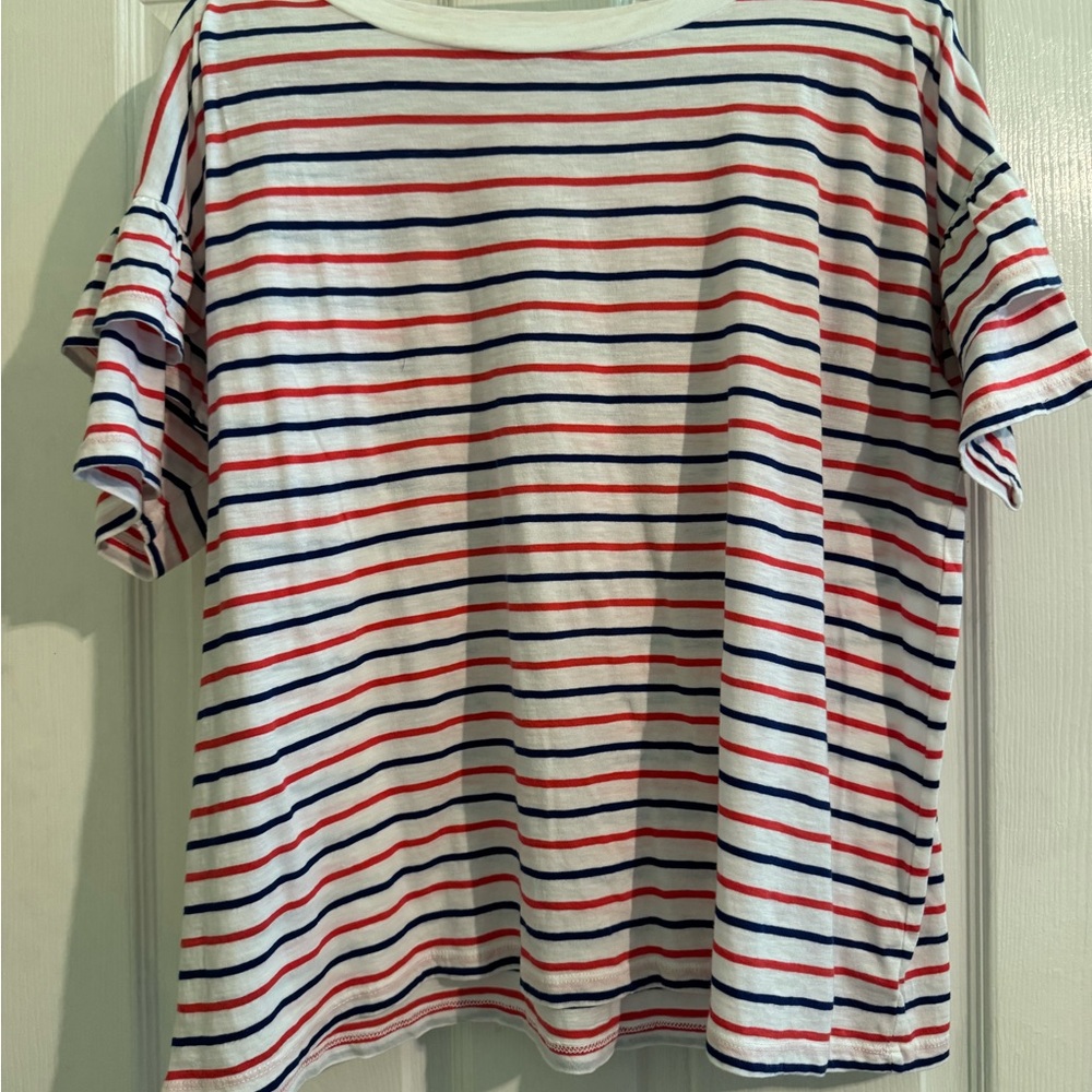 Striped Red & Navy Boxy Tee with Ruffled Sleeves